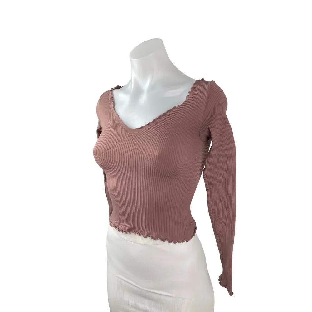 Free People FP Movement Nude Pink Lettuce Rib Knit Long Sleeve Crop Top Sz XS/S